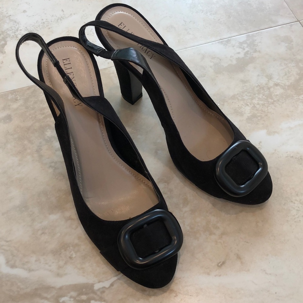 Like new Ellen Tracy black suede sling backs